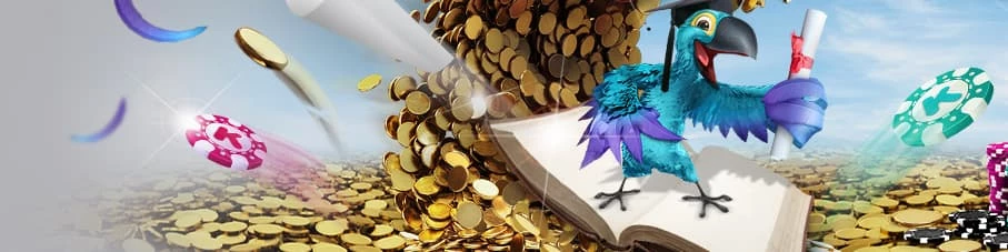 Papegøje står på bog bland bjerg af guldmønter