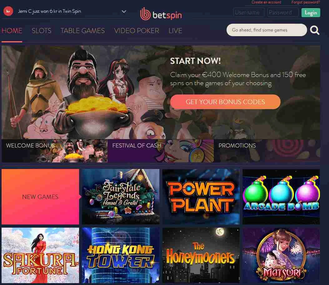 BetSpin Screenshot af hjemmeside