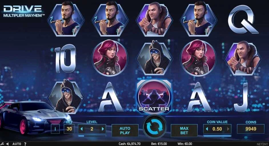 Drive Multiplier Mayhem Casino Spilleautomat online symboler hjul og rækker screenshot af gameplay