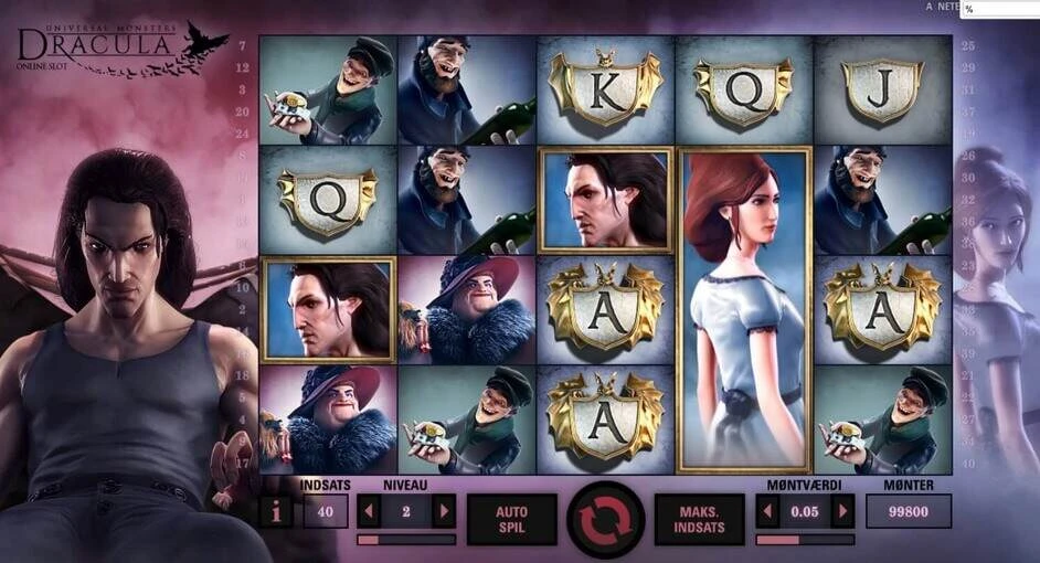 Dracula Spilleautomat Screenshot af gameplay med Dracula slotspil casinosymboler