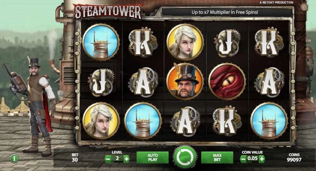 Steam Tower Slotspil med høj tilbagebetalingsprocent aka RTP casinospil Screenshot af gameplay