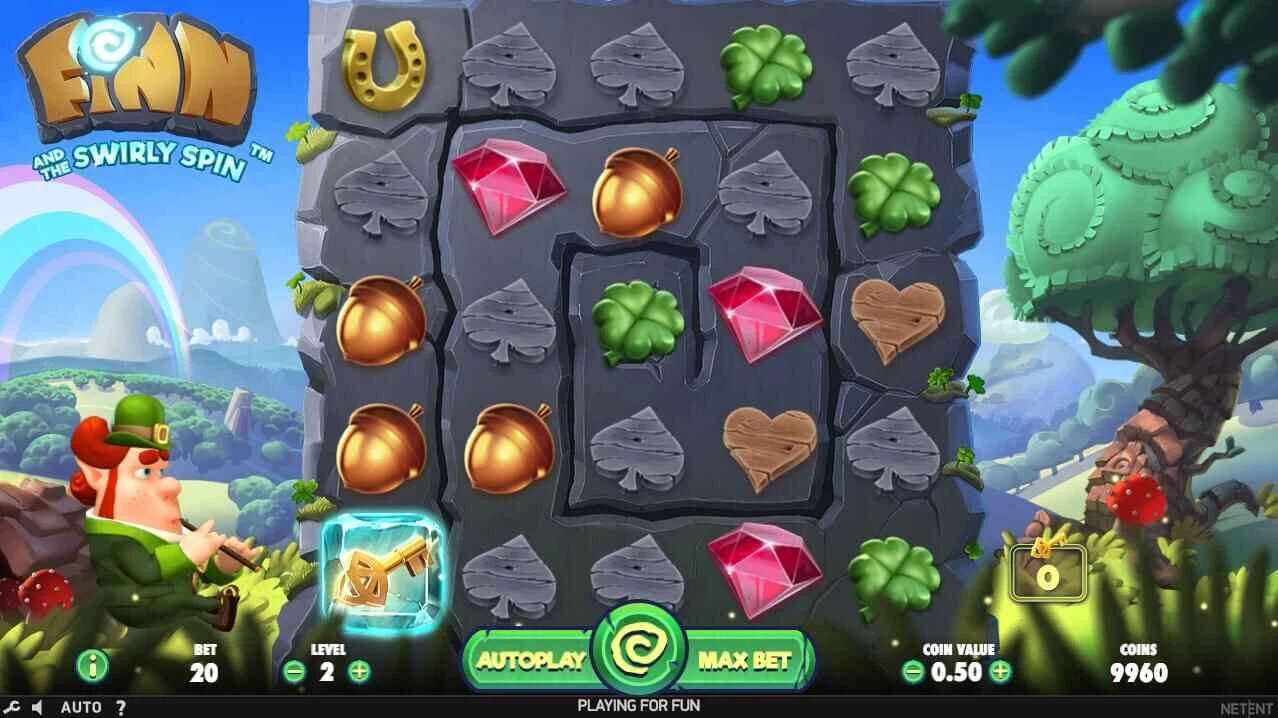 Finn and The Swirly Spin Gameplay Casinospil om den irske Finn i en skov med en regnbue