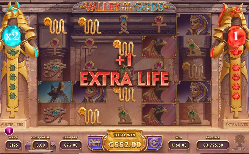 Valley of the Gods Spilleplade med Extra Liv Bonus Feature Gevinst