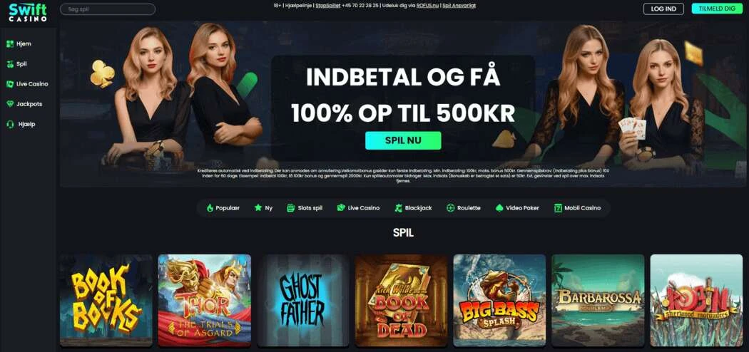 Swift Casino Danmark screenshot af casino forside 2025
