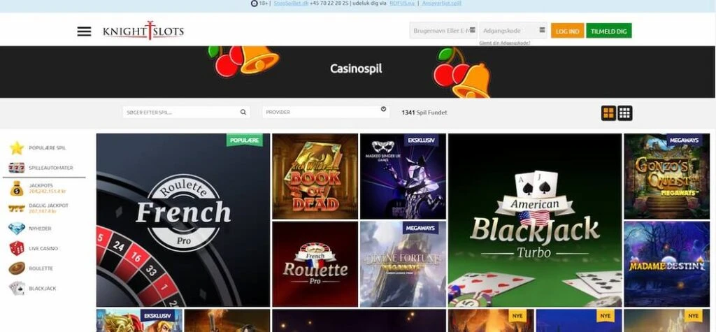 Knightslots Casino Danmark Casinospil udvalg screenshot af hjemmeside
