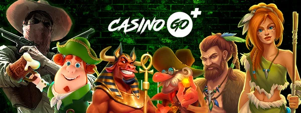 CasinoGo banner med forskellige figurer fra casino spilleautomater med hvid tekst