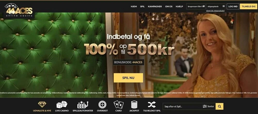 44aces Casino Screenshot af online casino hjemmeside med velkomstbonus