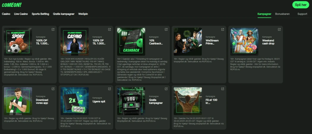 ComeOn screenshot af kampagner og tilbud hos ComeOn Casino bla. Velkomstbonus