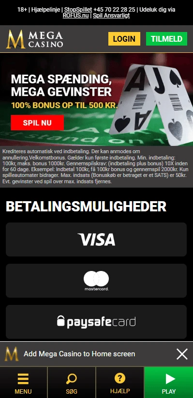 Mega Casino Forside Velkomstbonus