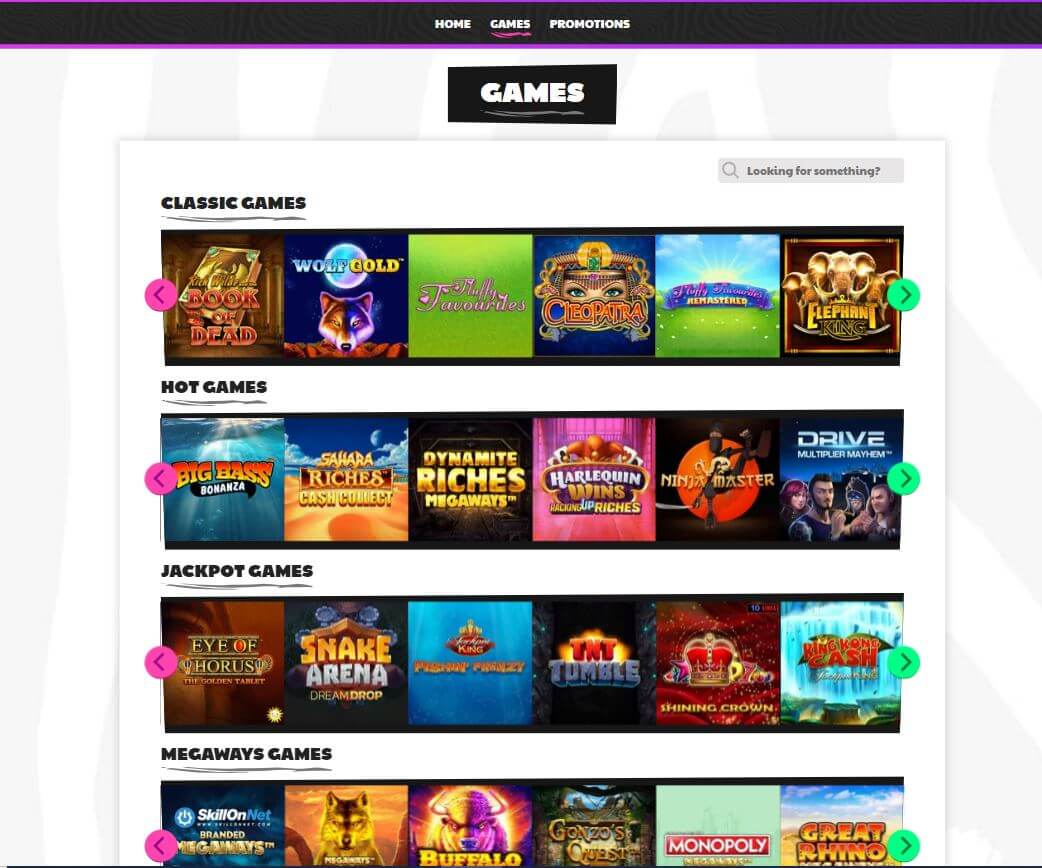 Zebra Wins Casino Side Screenshot af spiludvalg