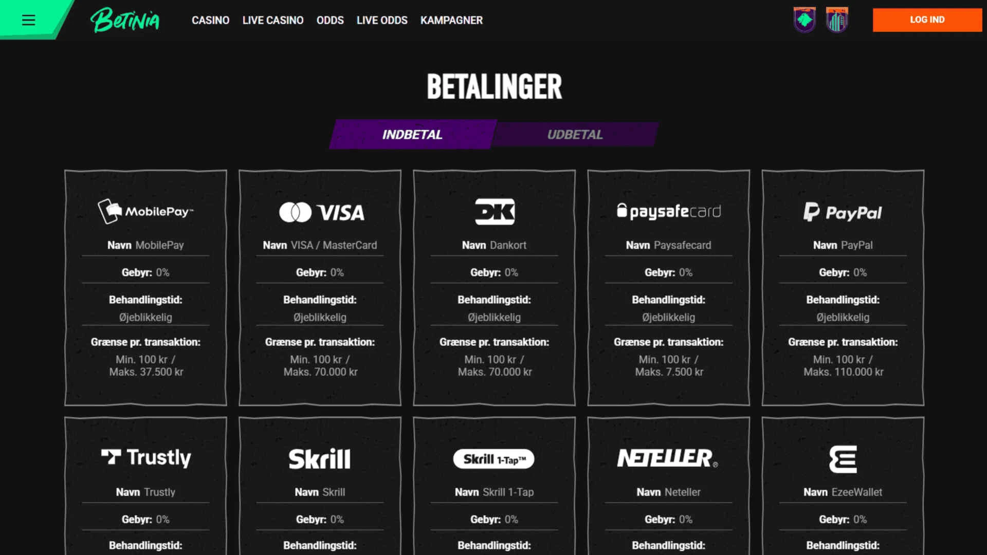 Casino Online DK Casinoanmeldelse af Betinia Casino online casino med dansk licens screenshot af hjemmesiden med indbetalingsmuligheder til casino