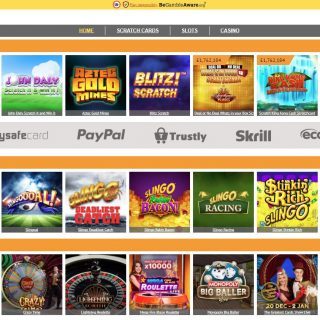 Primescratchcards casino forside med spilkategorier og betalingsmetoder