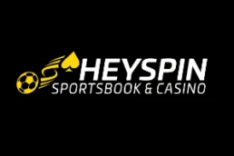 Heyspin sportsbook & casino hvid tekst på sort baggrund og gult logo