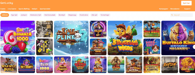 GetLucky hjemmeside udforsk spil screenshot orange baggrund oversigt over casinospil