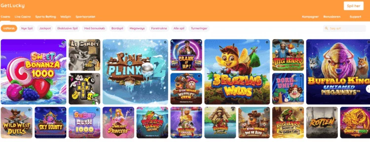 GetLucky hjemmeside udforsk spil screenshot orange baggrund oversigt over casinospil