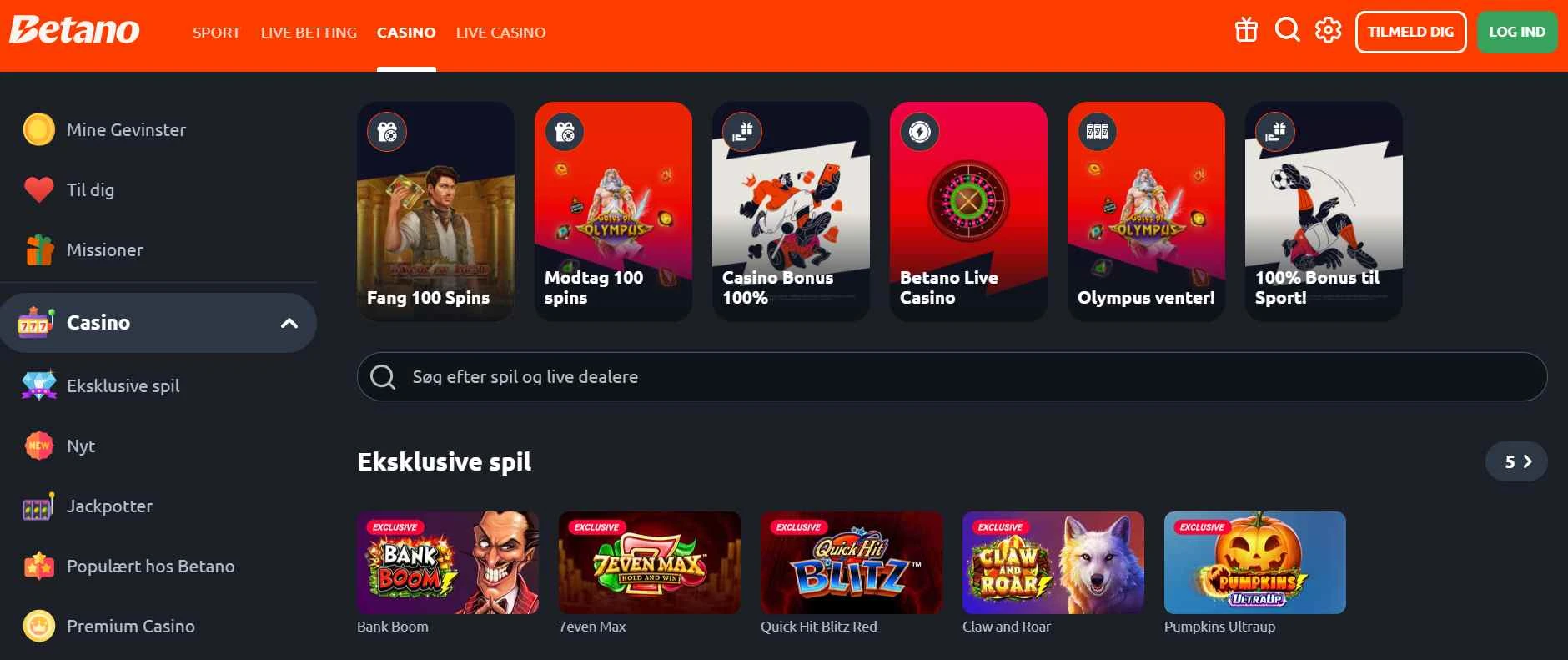 Casino Online DK Screenshot af online casino hjemmeside med dansk licens Betano Casino Danmark