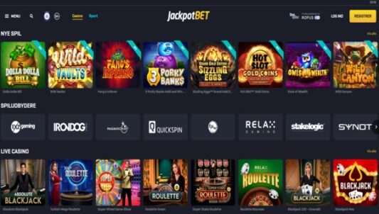 JackpotBET Casino Screenshot af hjemmeside udvalg as casino spil og live casino spil