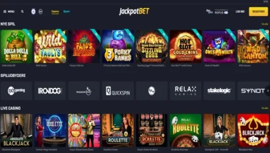 JackpotBET Casino Screenshot af hjemmeside udvalg as casino spil og live casino spil