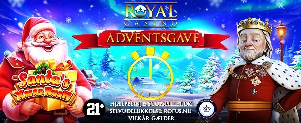 Julemand med Santa's Xmax Rush logo og Royal casinos konge med teksten ADVENTSGAVE i midten