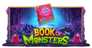 Book of Monsters logo med en lyserød og rød bog med øjne foran en mystisk skov