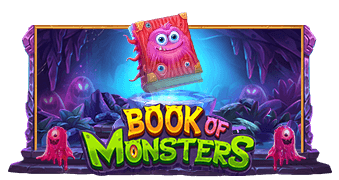 Book of Monsters logo med en lyserød og rød bog med øjne foran en mystisk skov