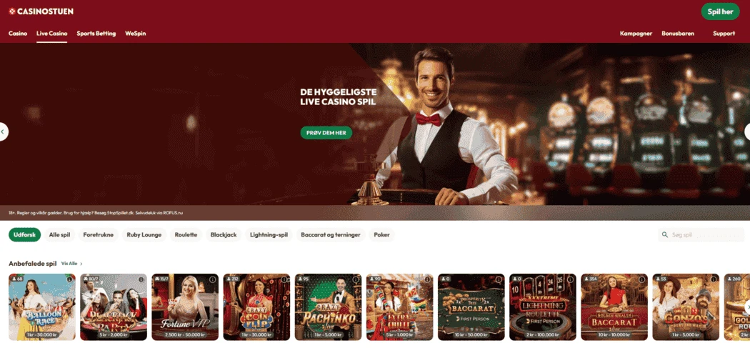 Casinostuen casino screenshot casinostuen live casino lobby med anbefalede spil og et banner