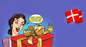 Kapow Casino Fødselsdags free spins. Kvinde med fødselsdagsgave der ser overrasket ud og siger Wow