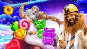 LeoVegas Fridays Free Spins billede med vingummibamser, leovegas maskot og gates of olympus figuren zeus