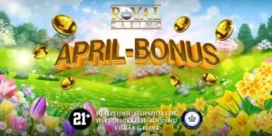 Royal Casino Danmark Månedsbonus April-bonus med påsketema og guld tekst med Royal Casino logoet