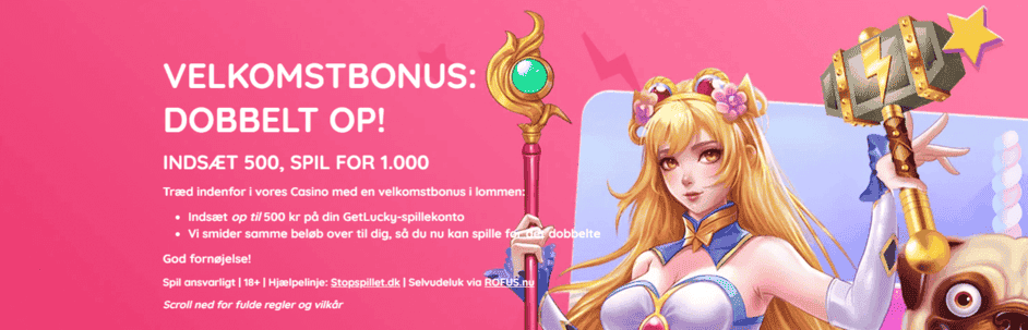 GetLucky Danmark Velkomstbonus banner med lyserød baggrund, spilelementer og hvid tekst