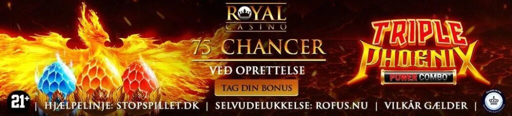 Royal Casino Danmark Velkomstbonus bannere kampagner Blazing Rush Express og 100% op til 750 kroner i indbetalingsbonus Banner