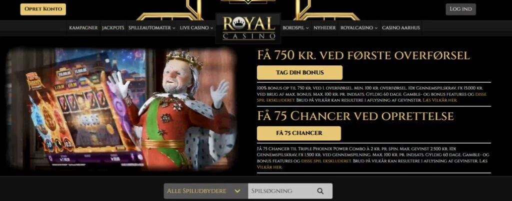 Royal Casino Screenshot af hjemmeside med velkomstbonus 100% op til 750 kr og free spins