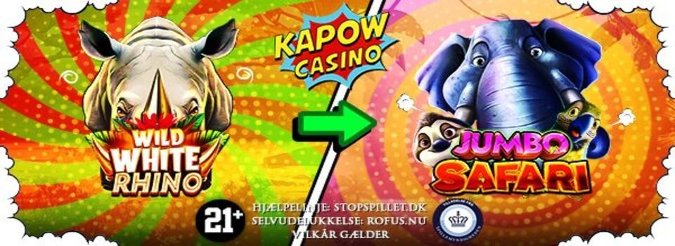 Casino Online DK Kapow casino spil for 25 kr på Wild White Rhino og få 100 spins til Jumbo Safari hos det online casino med dansk licens