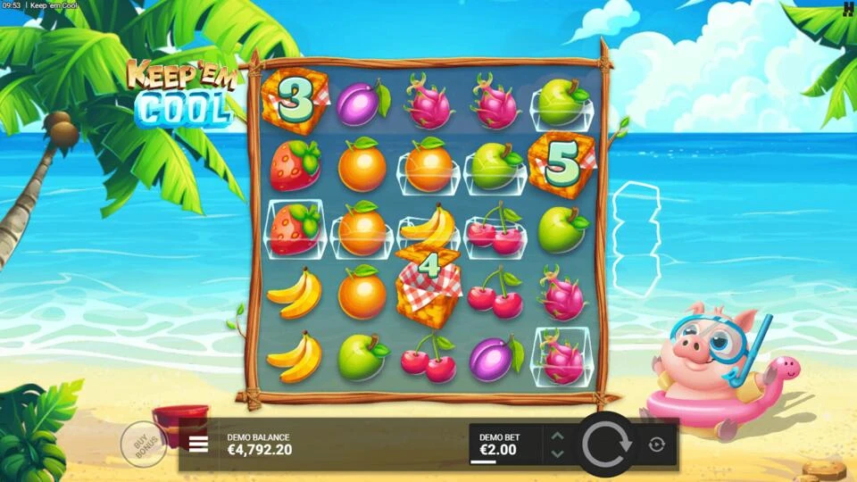 Hacksaw Gaming Keep Em Cool casinospil med sommertema om grise der svømmer på en badestrand