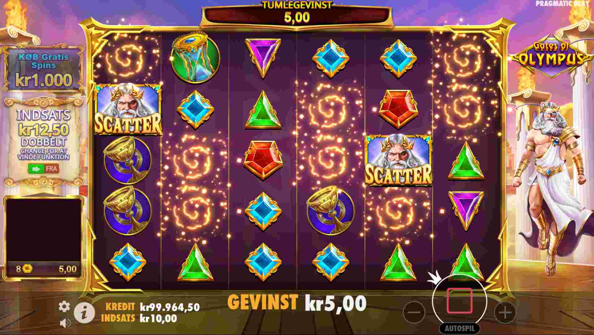 Pragmatic Play Gates of Olympus Screnshot af gameplay online casino spilleautomat