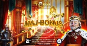 Royal Casino Danmark Månedsbonus Maj-bonus med Knights of Avalon spillautomaten banner med Royal Casino-logo