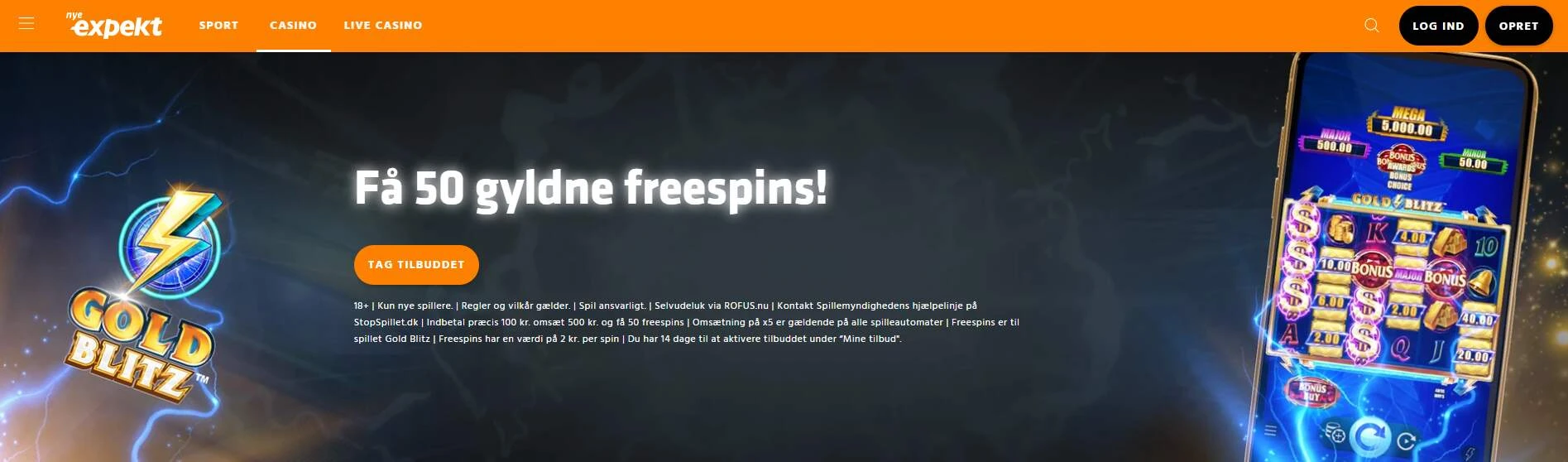 Casino Online DK Expekt Casino Velkomstbonus 50 free spins til Gold Blitz spilleautomaten screenshot af casino hjemmeside