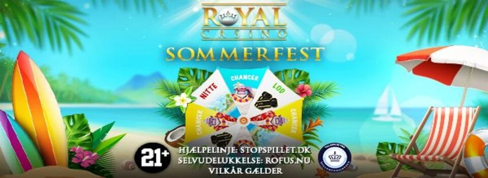 Casino Online Sommerfest hos Royal Casino banner med parasol, surf boards og en badestrand med palmer banner